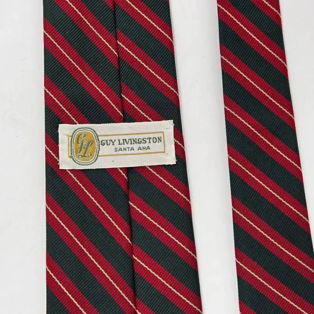 GUY LIVINGSTON SANTA ANA SILK POLY TIE RED GREEN REGIMENTAL STRIPE 3.25
